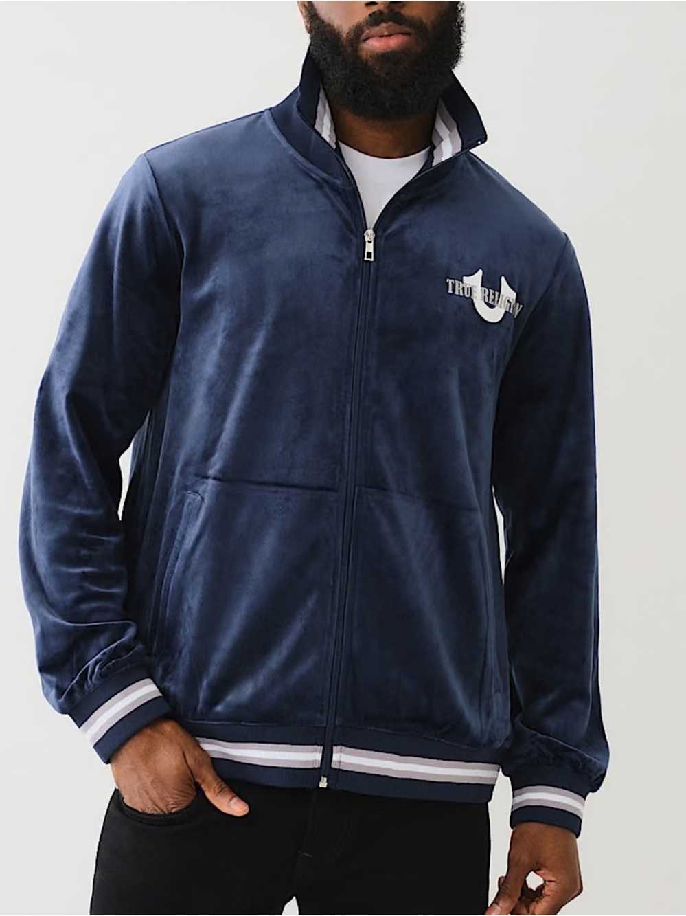 True Religion NWT Men's Blue Velour Tour Zip Up Track Jacket Size Medium